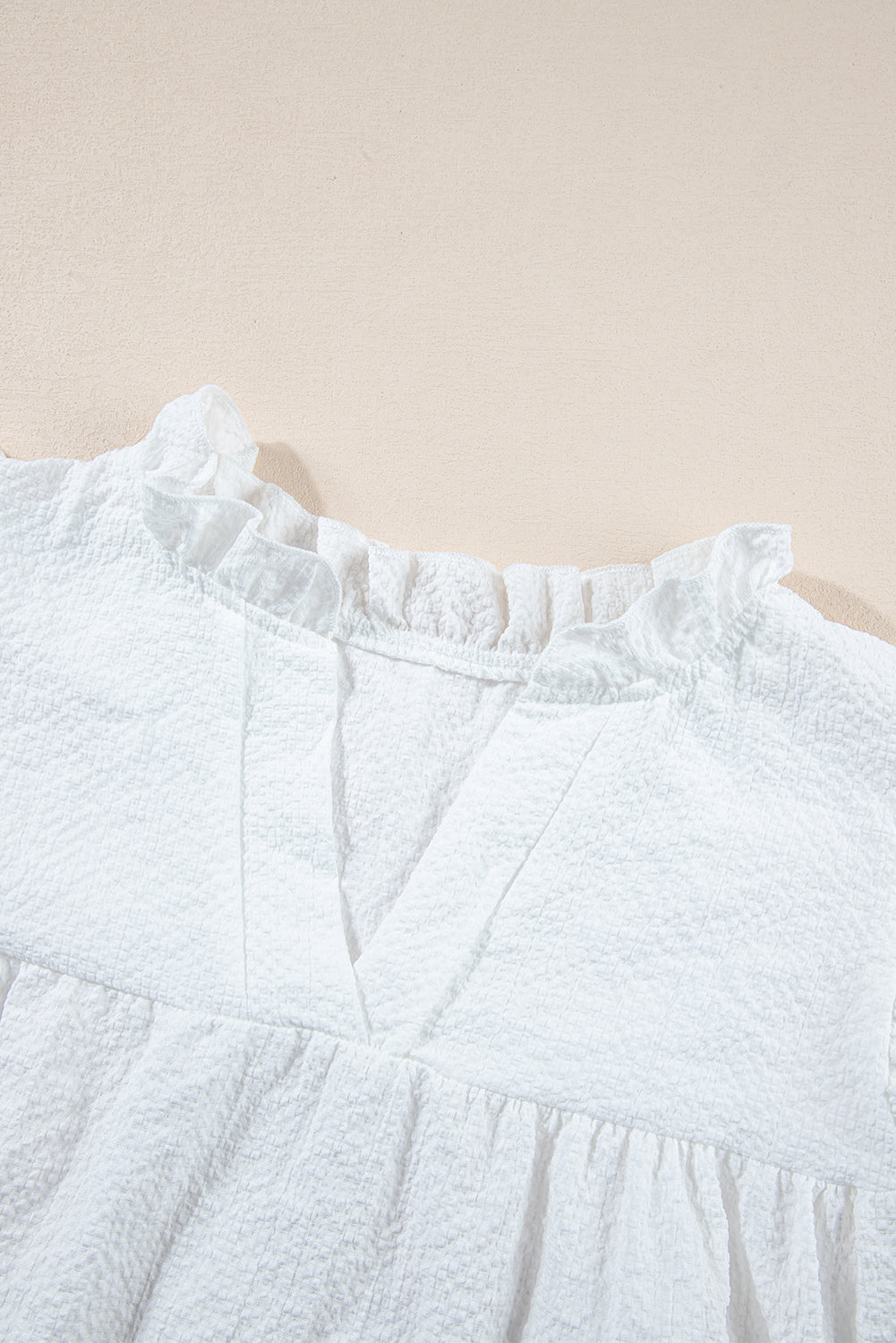 White Ruffle Accent Flutter Sleeve Notch Neck Top-Tops-MomFashion