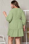 Green Textured Ruffled Buttoned V Neck Plus Size Mini Dress-Plus Size-MomFashion