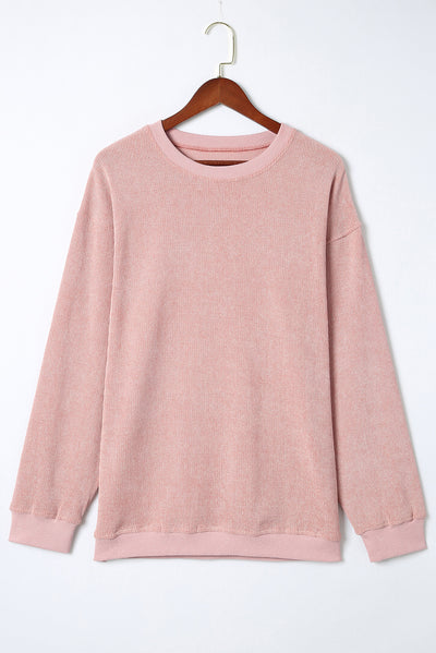 Pink Solid Ribbed Knit Round Neck Pullover Sweatshirt-Tops-MomFashion