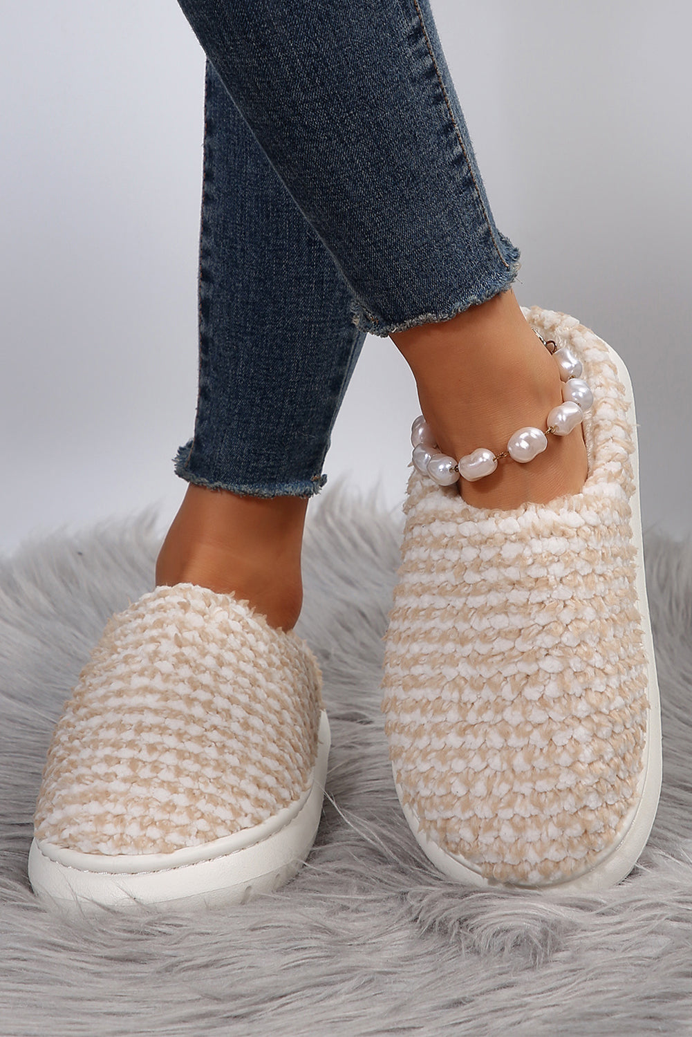 Pale Khaki Two-tone Knitted Warm Homewear Slippers-Shoes & Bags-MomFashion
