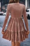 Apricot Pink Plus Size Velvet Ribbed Knit Tiered Ruffled Mini Dress-Plus Size/Plus Size Dresses/Plus Size Mini Dresses-MomFashion