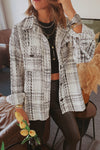 White Plaid Print Pocketed Shirt Jacket-Outerwear-MomFashion