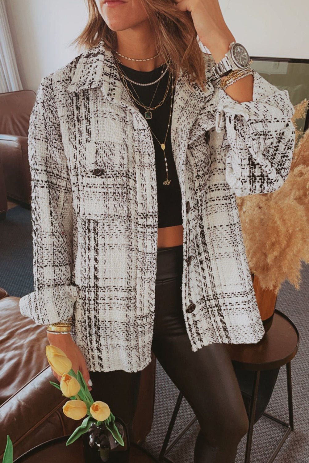 White Plaid Print Pocketed Shirt Jacket-Outerwear-MomFashion