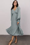 Blue Smocked V Neck Swiss Dot Ruffle Long Sleeve Dress-Dresses-MomFashion