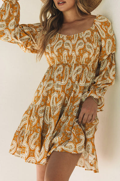 Yellow Boho Paisley Long Sleeve Floral Dress-Dresses-MomFashion