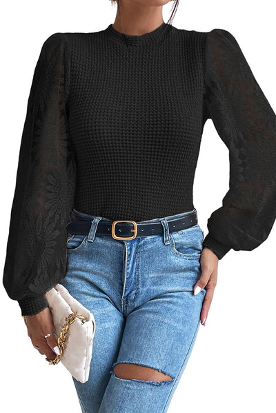 Black Sunflower Mesh Bubble Sleeve Waffle Knit Top-Tops-MomFashion