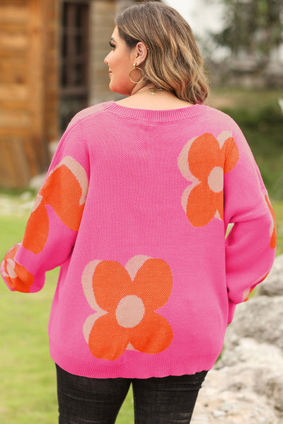 Bonbon Plus Size Flower Pattern Drop Shoulder Sweater-Plus Size-MomFashion