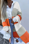 Orange Striped Color Block Drop Shoulder Midi Cardigan-Tops-MomFashion