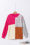 Rose Leopard Patchwork Color Block Ribbed Long Sleeve Top-Tops-MomFashion