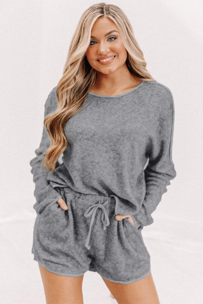 Gray Long Sleeve Top and Drawstring Shorts Lounge Set-Loungewear-MomFashion