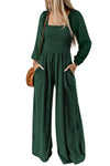 Green Smocked Square Neck Long Sleeve Wide Leg Jumpsuit-Bottoms-MomFashion