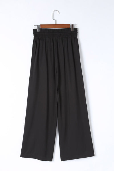 Black Drawstring Elastic Waist Casual Wide Leg Pants-Bottoms-MomFashion