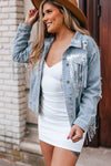 Sky Blue Sequin Embellished Fringe Distressed Denim Jacket-Outerwear-MomFashion