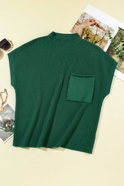 Blackish Green Patch Pocket Ribbed Knit Short Sleeve Sweater-Tops-MomFashion