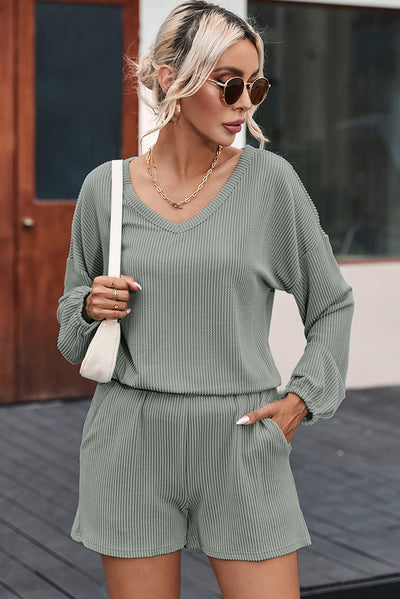 Grass Green Corded V Neck Slouchy Top Pocketed Shorts Set-Loungewear-MomFashion