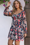 Blue Floral Tiered Long Puff Sleeve Mini Dress-Dresses-MomFashion