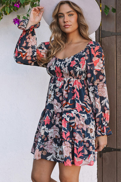 Blue Floral Tiered Long Puff Sleeve Mini Dress-Dresses-MomFashion