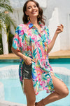 Multicolor Plant Print Button-up Half Sleeve Beach Cover Up-Swimwear-MomFashion