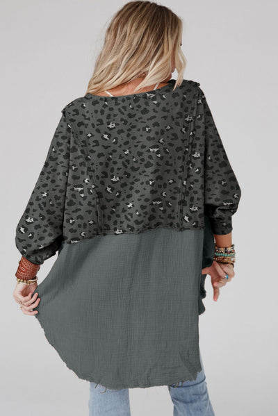 Gray Raw Edge Leopard Patchwork Oversized Blouse-Tops-MomFashion