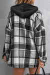 Gray Hooded Plaid Button Front Shacket-Outerwear-MomFashion