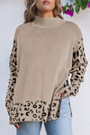 Khaki Leopard High Neck Side Slit Oversized Sweater-Tops-MomFashion