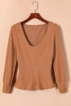 Brown U Neck Textured Long Sleeve Top-Tops-MomFashion