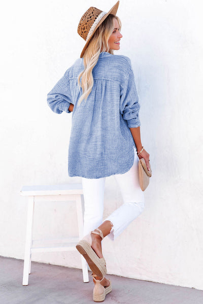 Sky Blue Crinkle Textured Loose Henley Top-Tops-MomFashion