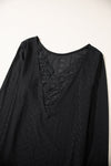 Black Floral Lace Splicing Eyelet Long Sleeve Top-Tops-MomFashion