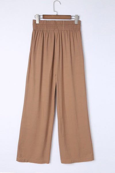 Brown Drawstring Elastic Waist Casual Wide Leg Pants-Bottoms-MomFashion