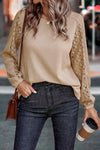 Light French Beige Lace Patch Sleeve Waffle Knit Top-Tops-MomFashion