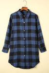 Blue Turn-down Collar Plaid Shirt Jacket-Outerwear-MomFashion