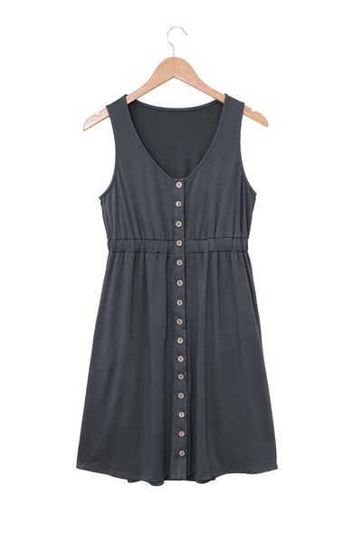 Gray Buttons Sleeveless High Waist Mini Dress-Dresses-MomFashion