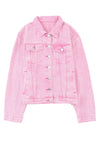 Pink Acid Wash Button Flap Pocket Denim Jacket-Outerwear-MomFashion