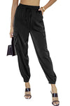 Black Satin Pocketed Drawstring Elastic Waist Pants-Bottoms-MomFashion