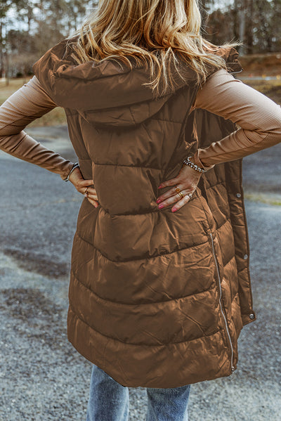 Chestnut Hooded Long Quilted Vest Coat-Outerwear-MomFashion