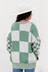 Mint Green Checkered Print Drop Shoulder Sweater-Tops-MomFashion