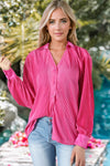 Pink V Neck Collared Button Pleated Shirt-Tops-MomFashion