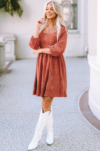 Brown Suede Square Neck Puff Sleeve Dress-Dresses-MomFashion