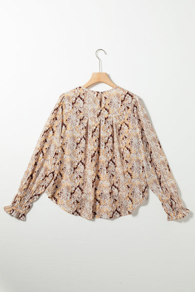 Brown Glitter Snake Grain Pleated Round Neck Blouse-Tops-MomFashion