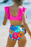 Rose V Neck Ruffles Floral Print High Waist Bikini-Swimwear-MomFashion