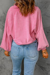 Pink Washed Snap Buttons Lantern Sleeve Pullover Sweatshirt-Tops-MomFashion