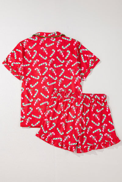 Red Christmas Candy Cane Print Pocketed Knotted Pajama Set-Loungewear & Sleepwear/Sleepwear-MomFashion