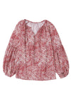 Fiery Red Pleated Lantern Sleeve Abstract Print Blouse-Tops-MomFashion