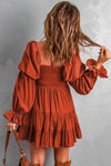 Brown Boho Solid Shirred Ruffle Mini Dress-Dresses-MomFashion