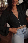 Black V-Neck Long Sleeve Button Up Lace Shirt-Tops-MomFashion