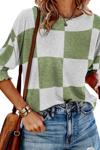Grass Green Mix Checkered Print Shirred Cuffs Blouse-Tops-MomFashion
