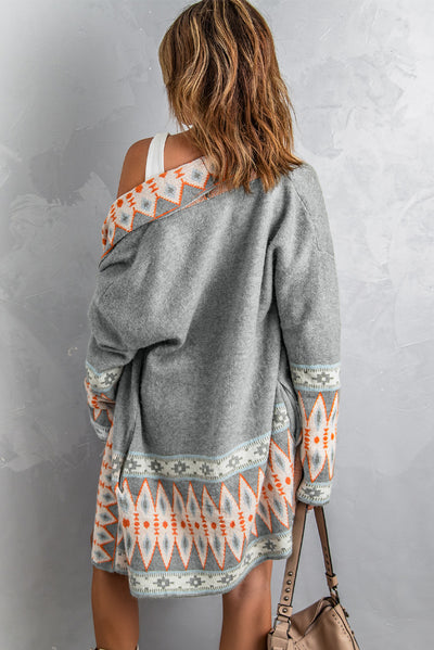 Gray Aztec Print Open Front Knitted Cardigan-Tops-MomFashion