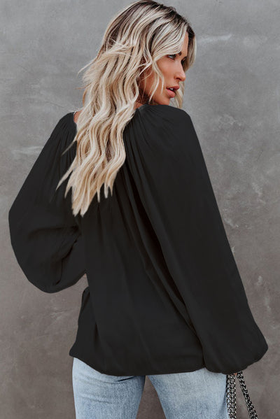 Black Tie V Neck Pleated Puff Sleeve Satin Blouse-Tops-MomFashion