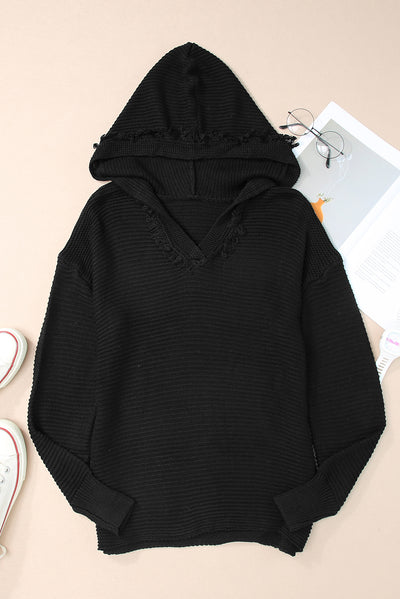 Black V Neck Ribbed Drop Shoulder Hooded Sweater-Tops-MomFashion