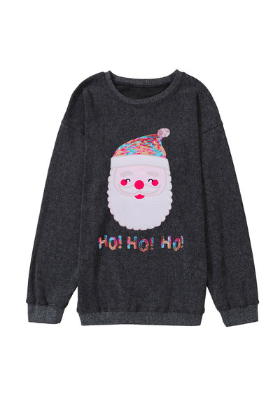 Black Sequin HO HO HO Santa Claus Graphic Corded Sweatshirt-Graphic-MomFashion